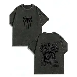 Washed T-shirt 100 Percent Cotton Spider Punk T-Shirt With Graphic Print And Text Design For Casual Wear Summer Fashionable Street Retro Style # BrandNewDay