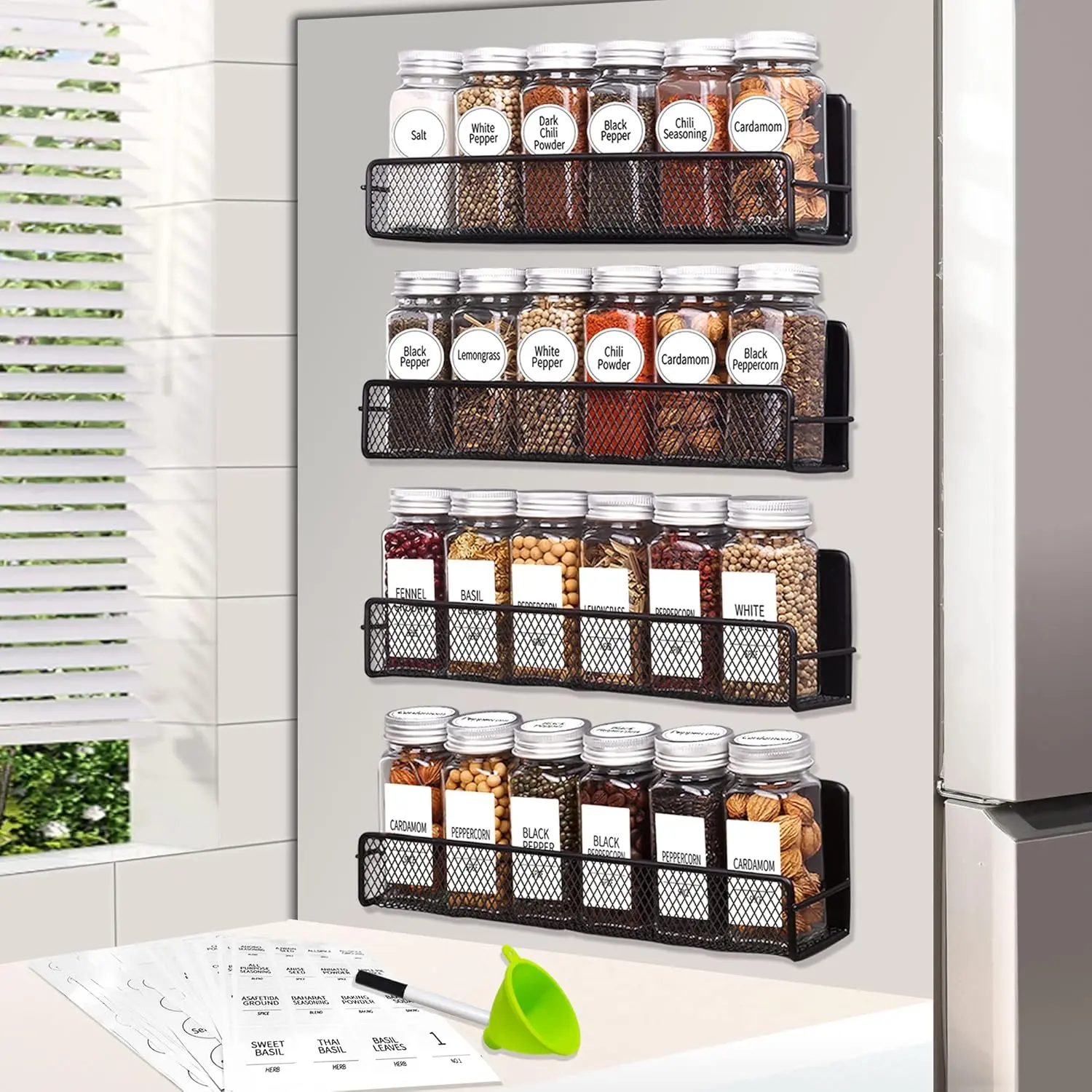 Rack for Refrigerator with  Jars- Includes 24 count 4 OZ Seasoning Containers with Labels, 4 Space-Saving  Shelf for fridge-  for Small Kitchens, Apartments
