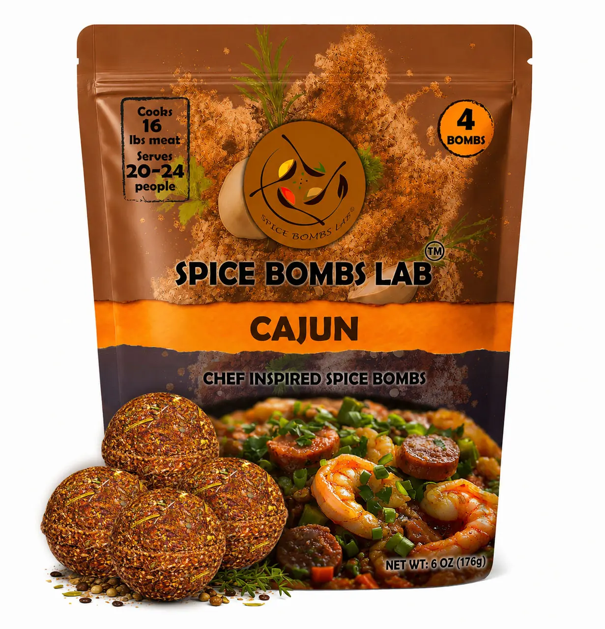 Spice Bombs Lab Cajun Seasoning 4 Pack - Versatile Chef-Made Spice Bombs with Cayenne Pepper & Garlic Powder for Easy Cooking