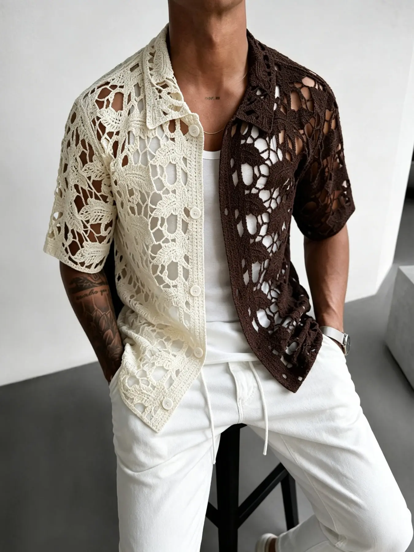 Men's Plaid Loose-Fit Short Sleeve Color Block Shirt, Breathable Knitted Fabric, Leaf Pattern Cut-Out Design, Casual Vacation Style, Perfect for Daily Wear
