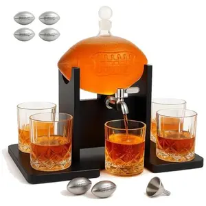 Football Whiskey Decanter Set for Men, 47oz Liquor Decanter Set with 2 Glasses + 2 Footballs Chillers, Gifts for Dad, Husband, Boyfriend, Coach, for Liquor, Bourbon, Scotch, Vodka