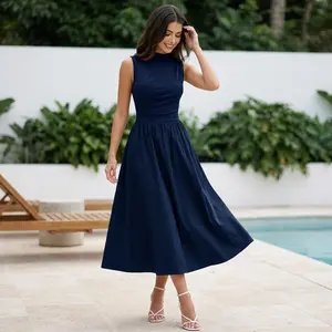 Miusol Women's Summer Dresses for Women 2026 Spring Sleeveless Mock Collar Casual Sundress Flowy Beach Dress Ruched Swing A-Line Dress with Pocket