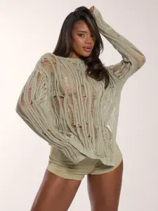 Women's Distressed Knitted Asymmetric Long-Sleeve Top - Fabric, Sheer, Casual, Comfortable Y2K Grunge Boho Festival Concert Wear