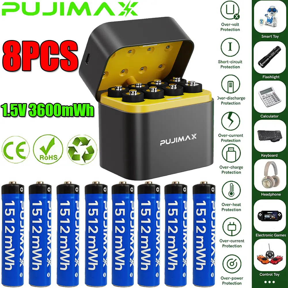 PUJIMAX Rechargeable AAA Batteries Lithium 1512mWh High Capacity 1.5V Lithium Triple AAA Batteries with USB-C Fast Charger,1000+ Cycles, Eco-Friendly for Remote, Mouse, Toys, Flashlights,8 Pack