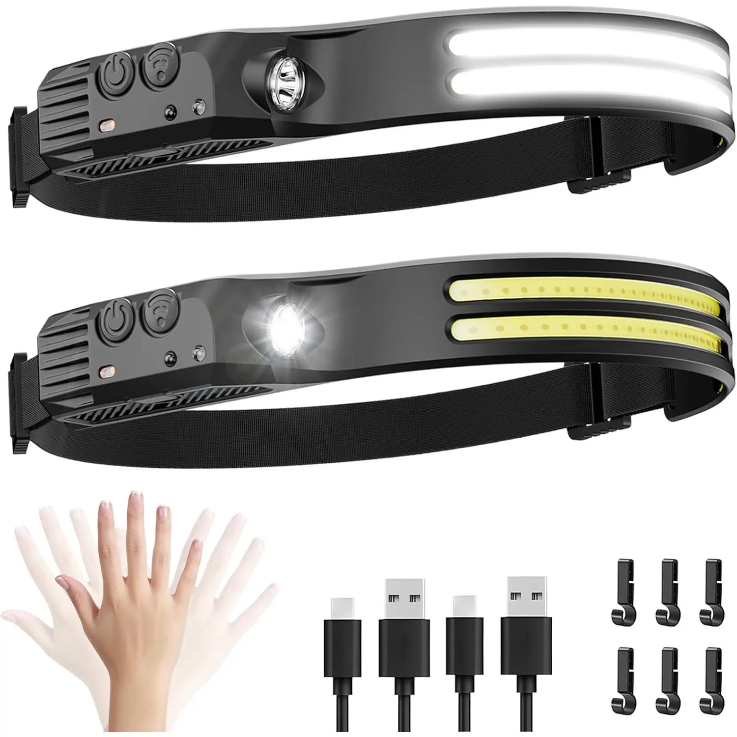2-Pack LED Headlamp, Bright Rechargeable 230° COB Headband for Adults, for Running, Camping, and Hard Hat Work Gear, 2Pack