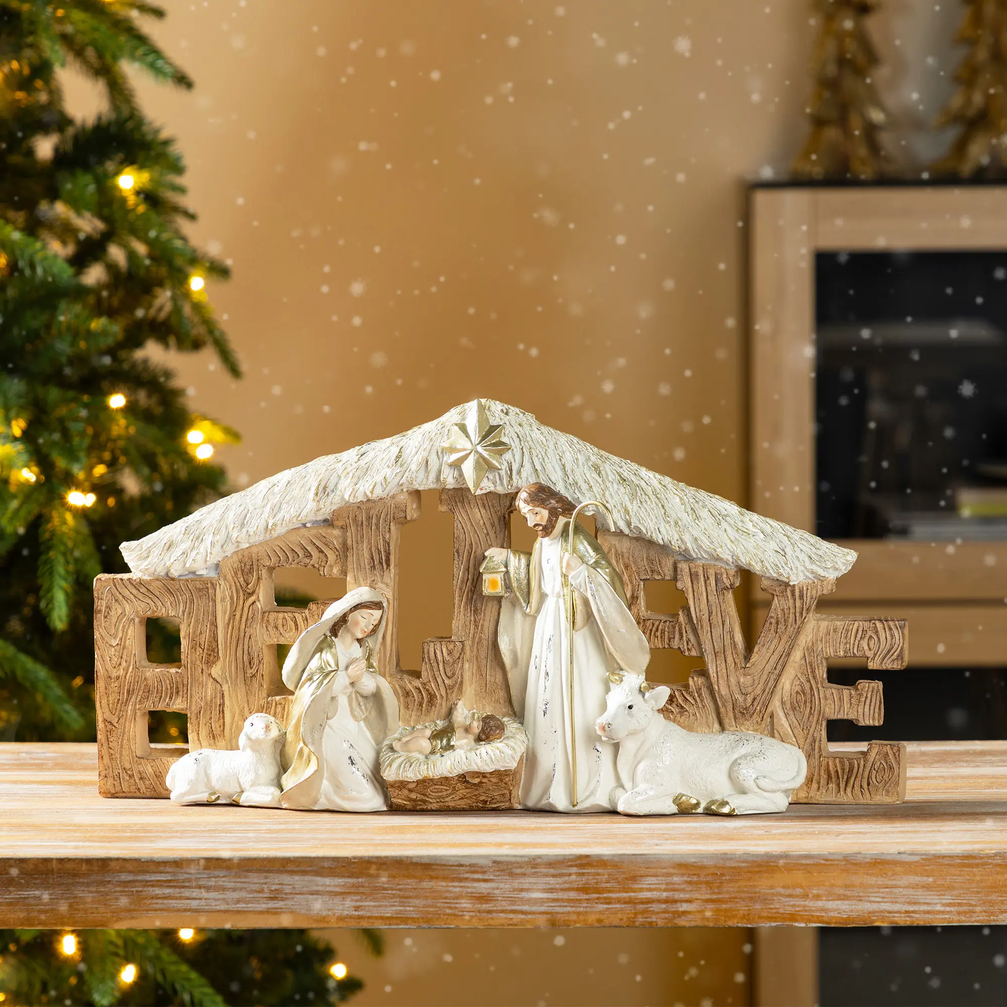 【Christmas in July】 Glitzhome 11.75"L Resin "BELIEVE" Holy Family Figurine