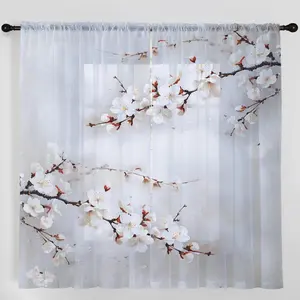 Launch 2pcs Home Decor Sheer Curtains, White Diagonal Wax Plum Flowers, Flowing Window Sheers Suitable for Kitchen, Café, Living Room, Dining Room, Balcony, Garden, And Bedroom.