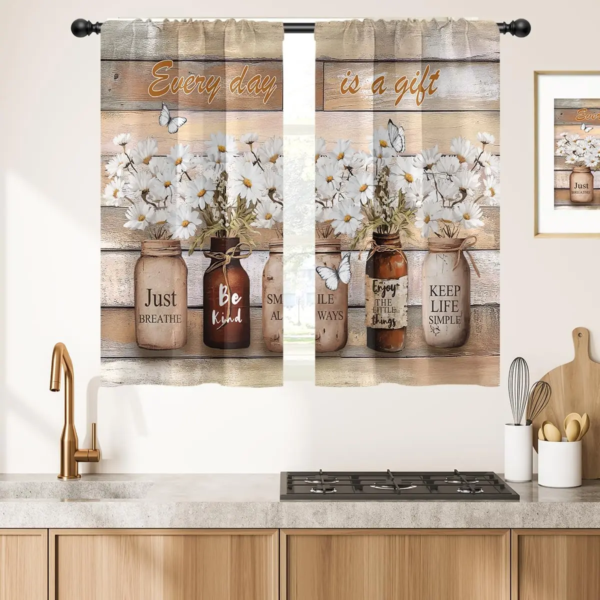 Orange Floral Rod Pocket Cafe Curtains - 2 Panels, 27.5x39 in, Colorful Farmhouse Rustic Botanical Daisy Drapes with Easy Setup, Sunlight Control for Kitchen Window, Living Room Home Decor, Farmhouse Style Home, Botanical Print