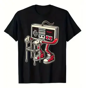 [100% Cotton] Men'S And Boys Retro Gaming Pattern T-Shirt - Fun Old Video Game Console Design, Black Casual T-Shirt With Red Sneakers And Cable Detail, Short Sleeves, Crew Neck, Machine Washable Golf Gift T-Shirt For Men And Women Graphic Tee Printed tikt