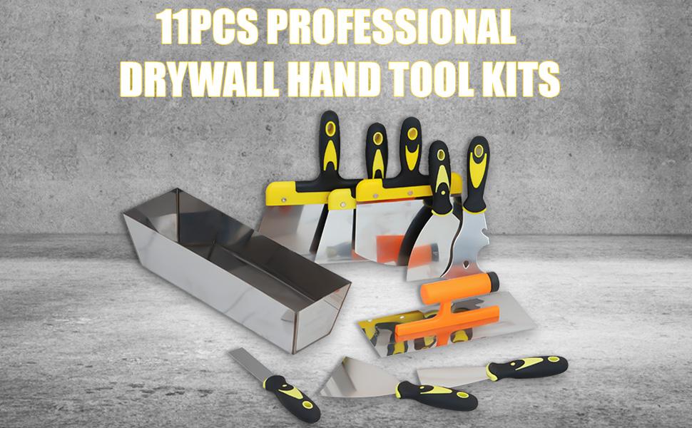 Home Supplies 11-Pc Stainless Steel Drywall Hand Tool Kit - Construction, Drywall Finishing Use - Includes Taping Knives, Putty Knives, Finishing Trowel, Scoop, 12-in Mud Pan, 12-Inch Mud Pan