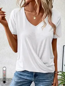 Cozy Casual V-Neck Ruched Top, Sexy Slim Fit Twist Front, Spring Loungewear, Elongates Legs, Fitted Plain Design, No Zipper, No Collar