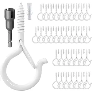 36 count Q Hanger Hooks with Safety Buckle & Drill Bit,Ceiling Hooks for  ,Screw Hooks for  Outdoor String Lights,Wind Chimes,Lights & Party Decors,2.2 Inches,White