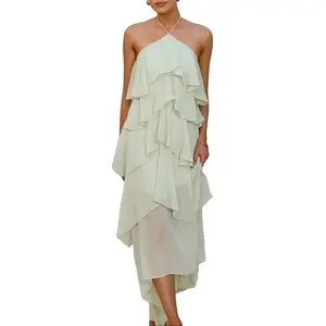 Aprilake Women's Summer Frill Halter Neck Flowy Chiffon Sundress A-Line Tiered Ruffle Long Maxi Formal Wedding Dress