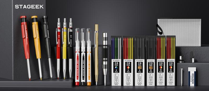 STAGEEK 22 Pack Mechanical Carpenter Pencil Set with Sharpener 60 Refills, Automatic Center Punch, Carbide Scribe Tool, Eraser and Deep Hole Marker Pen, Heavy Duty Construction Pencil for Architect-With Pouch,Art Supplies STAGEEK 22 Pack Mechanical Carpenter Pencil Set with Sharpener 60 Refills, Automatic Center Punch, Carbide Scribe Tool, Eraser and Deep Hole Marker Pen, Heavy Duty Construction Pencil for Architect-With Pouch,Art Supplies