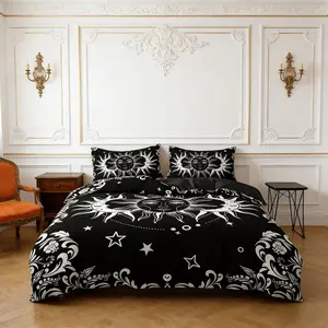 Moon Phase Print Decorative Bedding Set, 3 Piece (1 Duvet Cover + 2 Pillowcases), Polyester Fiber Fabric, Comfortable & Stylish