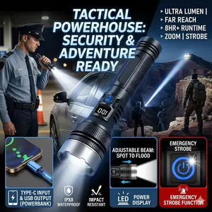 2-in-1 Strong Flashlight (Power Bank), Digital power display, Rechargeable, Zoomable, Waterproof, Adjustable Brightness Flash Light for Outdoor, Emergency, Camping Use