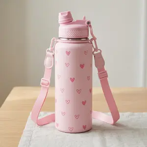 SANDJEST Cute Pink 32oz Stainless Steel 2-in-1 Lid Water Bottle with Strap, Insulated Straw Spout Bottle for Gym Travel Gift for Women Girls
