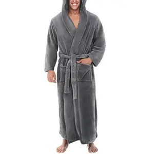 Oversize Men's Bath Robe Winter Long Cozy Sleepwear Home Clothes Gown Loungewear Menswear Gamis Bestie Beige Grey Plain