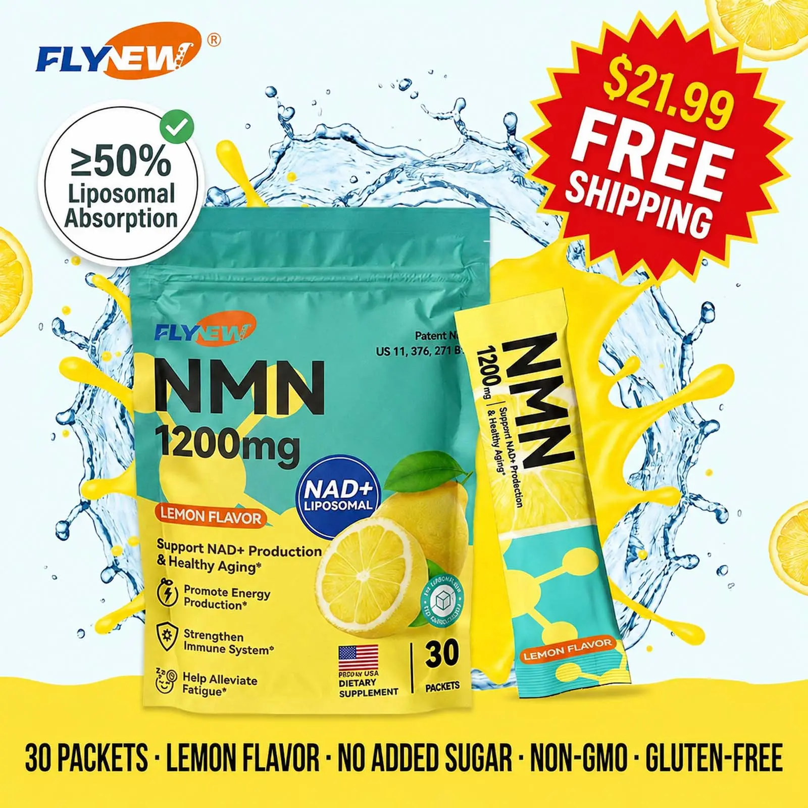 FLYNEW NMN NAD+ PQQ Supplement - 8 in 1 Cellular Renewal Formula | Supports Collagen Production, Skin Elasticity & Healthy Aging | 30 Vegan Lemon Drink Mix Packets