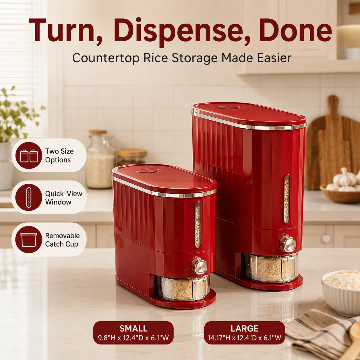Vintage Ribbed Gloss Red Press Button Rice Dispenser Storage Container with Removable Catch Cup & Airtight Seal, 2 Sizes (Small/Large), 6.1'' Slim Vertical Grain Bin for Countertop, Pantry & Narrow Gaps, Stores Rice, Oats, Beans, Cereals
