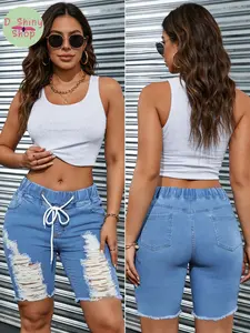 Women's Summer Comfortable Fit Plus Size Denim Jeans, Plain Color Ripped Pocket Drawstring Pants, Casual Fashion for Daily Wear
