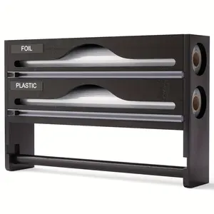 Black Bamboo 5-in-1 Kitchen Organizer – Cling Film & Foil Cutter, Paper Towel Holder, Spice Rack & Storage Shelf – Space-Saving All-in-One Station for Countertop