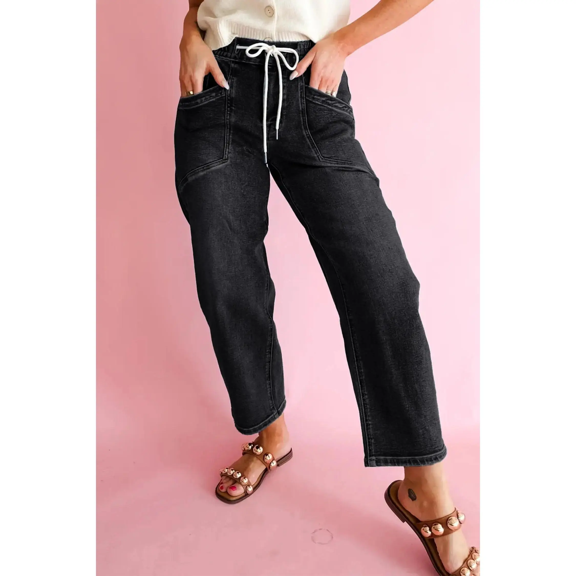 Black Drawstring Waist Ankle Length Casual Jeans Regular Fit Pocket Detail Denim Pants