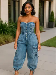 Spotlight - Strapless Denim Jumpsuit with Drawstring Ankles & Medium Wash for Summer Casual Wear Fashionable Chic Style Fit Womenswear