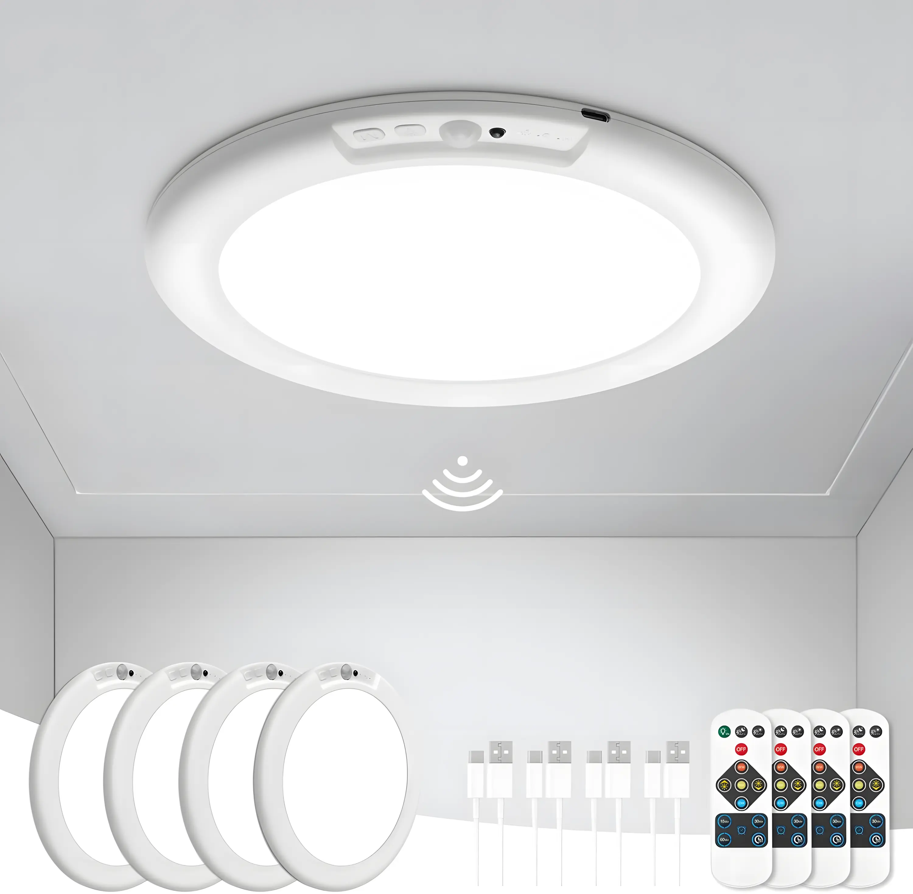 Rechargeable Motion Sensor Ceiling Light with Remote – Multiple Options, 1/2/4-Piece Magnetic Wireless Battery-Powered LED Light, 3 Color Modes, No Drilling or Wiring Required, Easy Installation for Closet, Shower, Stairs, Shed, Hallway, Porch & Patio