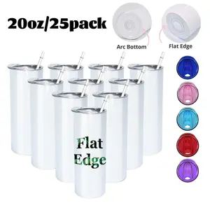 20 oz Sublimation Tumbler Flat Edge Blanks with Colorful Lid, Skinny Straight Cups Bulk, Individual Box, Plastic Straw