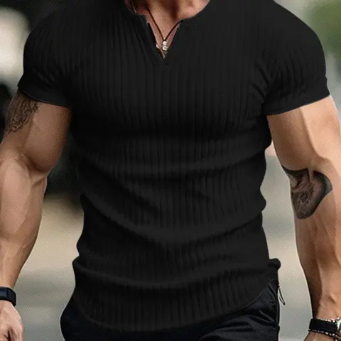 Men's casual ribbed Plain V-neck short-sleeved T-shirt - With a fitted design, soft and elastic ribbed fabric, and a classic V-neck. Perfect for gym workouts, daily casual wear, urban street style, and Streetwear. Fashion T Shirts Clothes Menswear