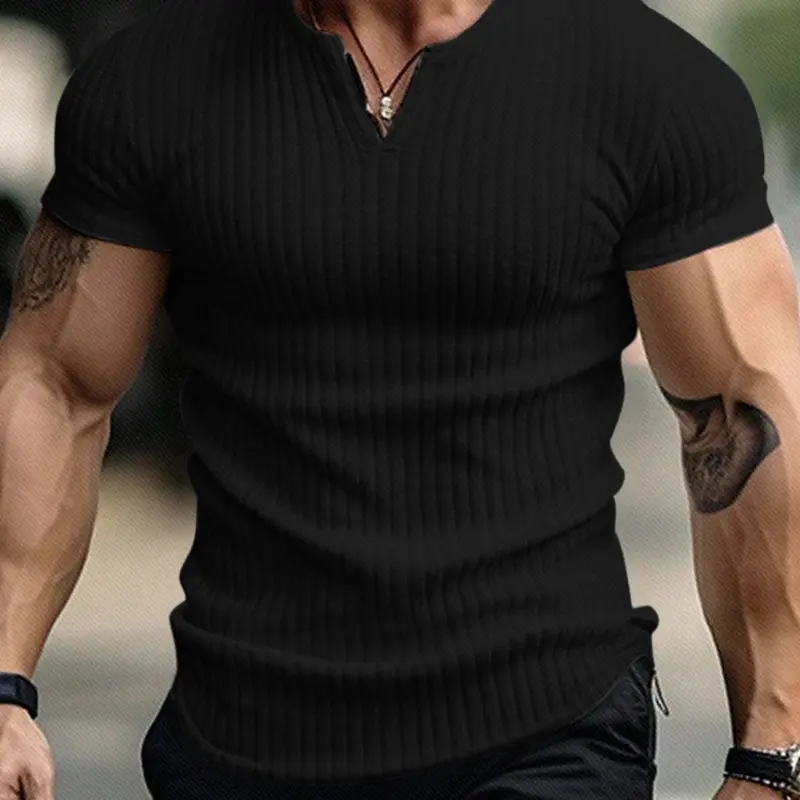 Men's casual ribbed Plain V-neck short-sleeved T-shirt - With a fitted design, soft and elastic ribbed fabric, and a classic V-neck. Perfect for gym workouts, daily casual wear, urban street style, and Streetwear. Fashion T Shirts Clothes Menswear