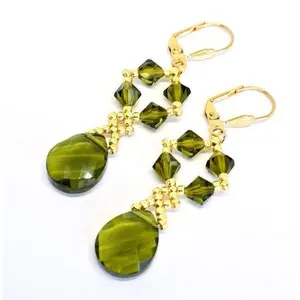 Chic Brico Genuine Austrian Crystal Teardrop Dangle Earrings - Olive Green