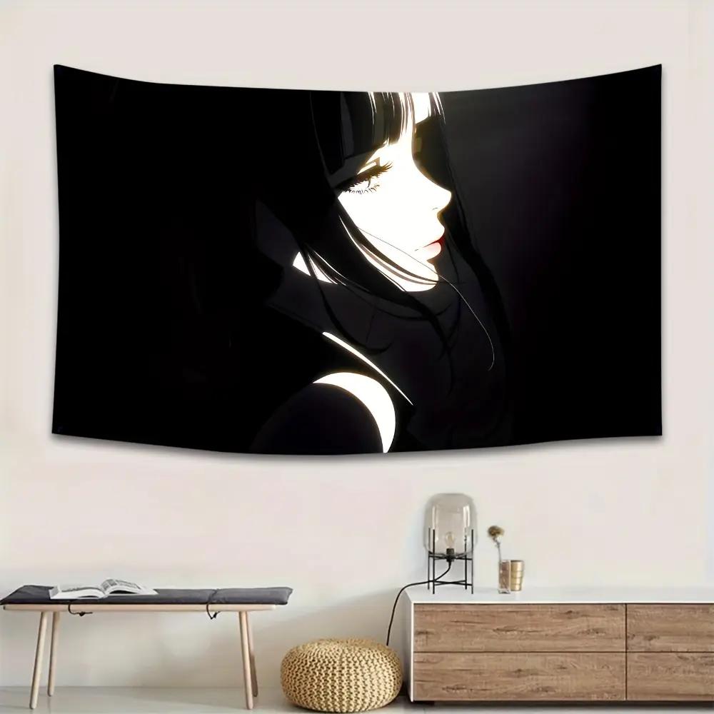 1 Piece Anime Girl Wall Decoration Tapestry - Black and White Japanese Manga Art Print, Durable Material, Easy to Hang, Decor Inspo for Anime Fans, Holiday Party Home Decor, Room Art