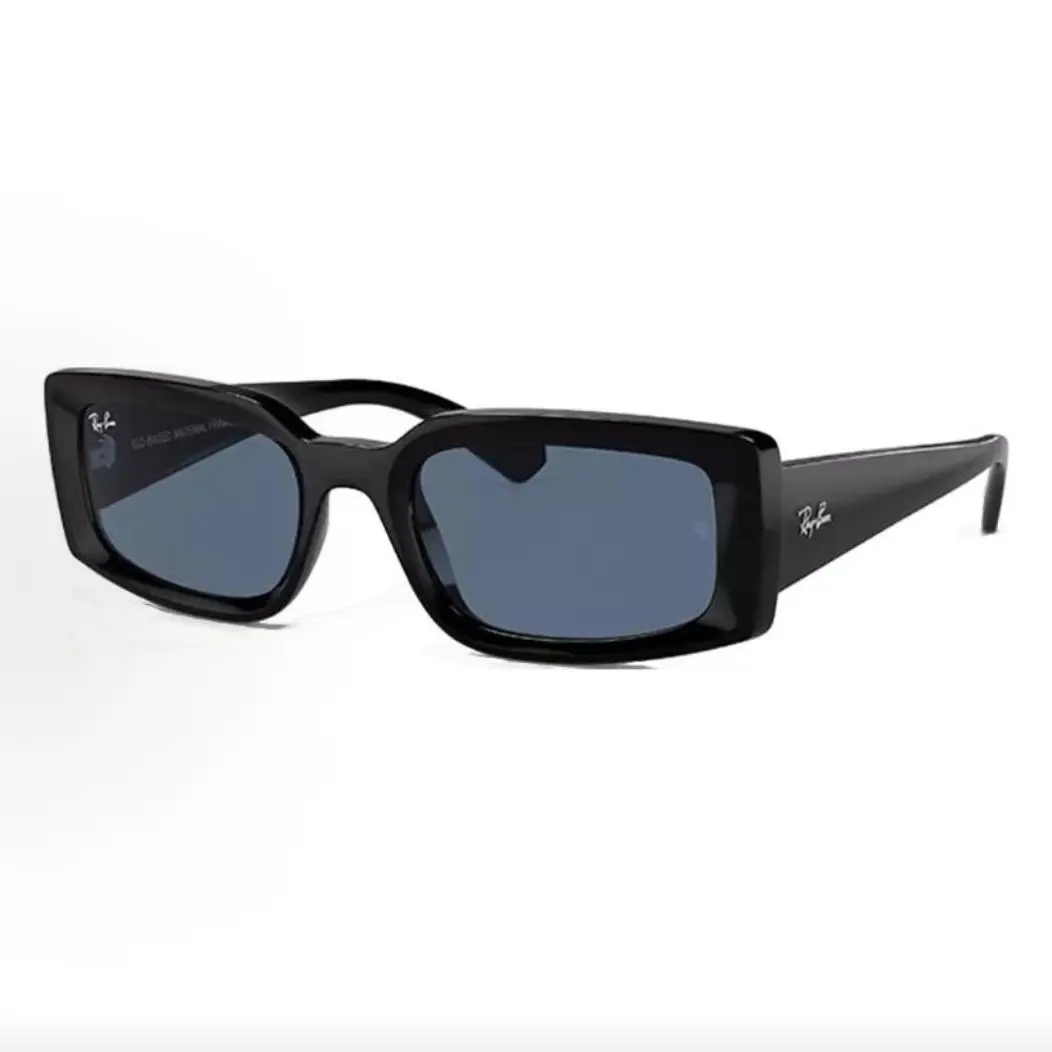 Pre-owned Brand new Ray Ban Narrow Rectangular Black Frame Sunglasses with Solid Blue Lenses（Do not purchase directly. Contact us for details.）
