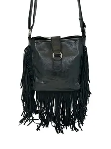 Suzette Collection Bo Ho Cross Body Bag Leather with Suede Fringe An Everyday Bag, Dinner, Festivals, Vacation, Night Out Navy/Black
