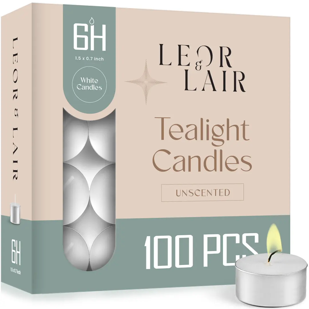 Leor & Lair Unscented Tea Light Candles - 100 Packs - 4,5,6,7,8 Hour Burn Time - Fragrance Free for Daily Use, Restaurants, Aluminum Cups, Anniversary Decor