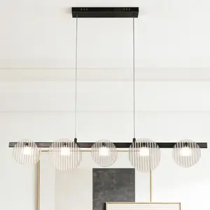 39.6 Inch Modern Black Linear 5-Light LED Pendant, 3-Color Change Glass Chandelier for Dining Room Kitchen Island