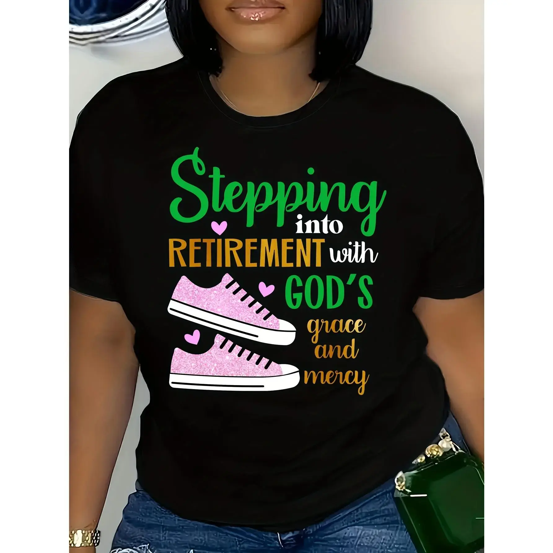 Women's Casual Graphic T-Shirt - Sneaker & Inspirational Letter Print with "Stepping into Retirement" Quote, Breathable Polyester Crew Neck Short Sleeve Top, Machine Washable Spring/Summer Tee, Leisure Style Shirt |   Comfortable Fabric