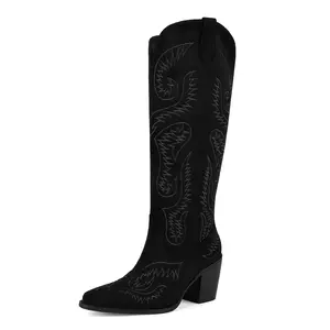 Cowboy Boots For Women Knee High Boot Pointed Toe Chunky Block Heel Side Zipper Embroidered Wide Calf Pull On Fashion Vintage Retro Chic Party Date Dress Concert Night Club Western Trendy Cowgirl Booties
