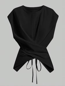 Women's Knitted Round Neck Drop Shoulder Sleeve T-Shirt, Fashion Casual Asymmetrical Ruched Cross Cutout Back Tie Top