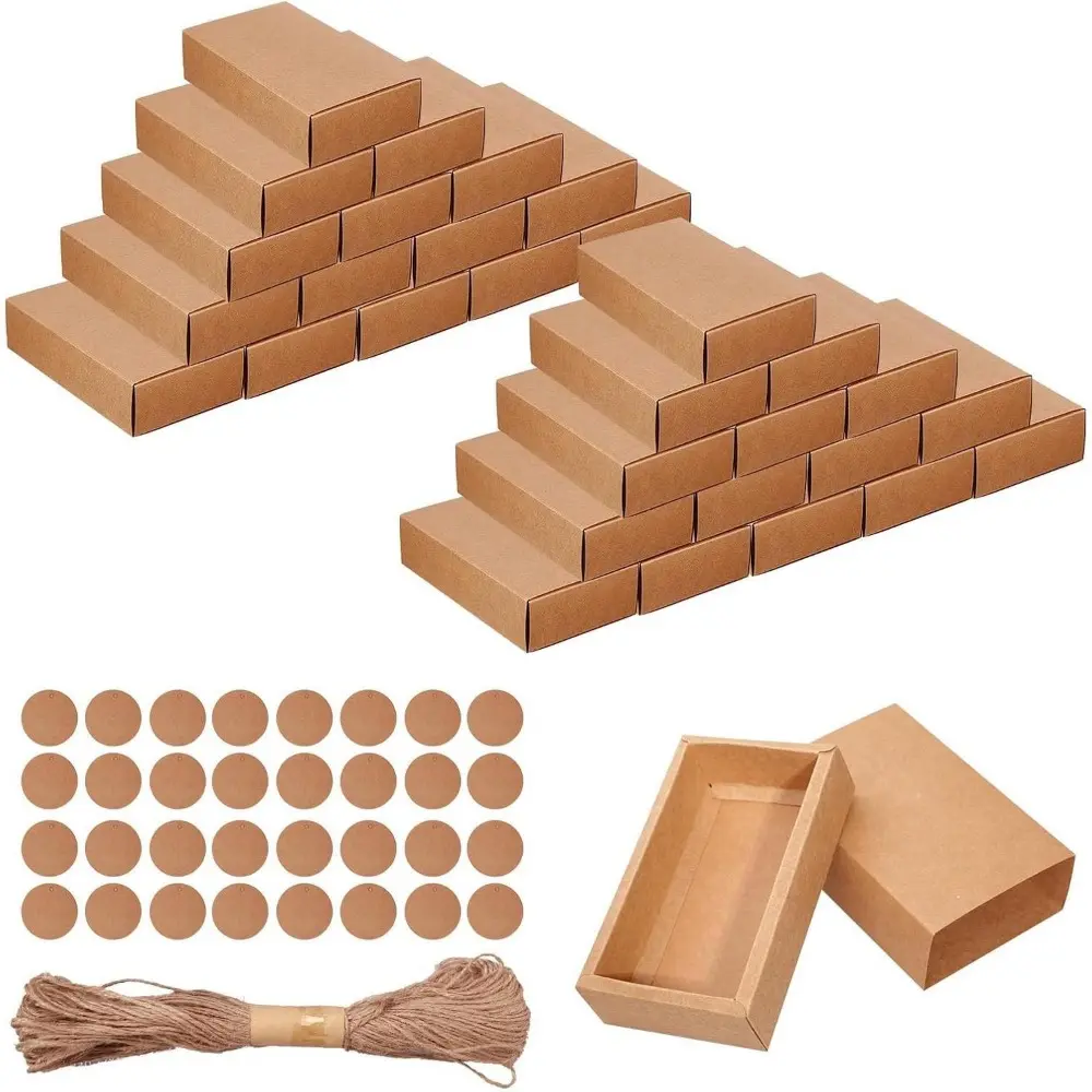 32 Pcs Kraft Paper Drawer Box Mini Cardboard Present Boxes Rectangle Drawer Kraft Boxes with Blank Tags and Jute String Present Packaging Boxes for Business Jewelry Candy Wedding Party Supplies(Brown)