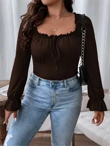 Cream Style T-Shirt with Front Tie, Ruffle Sleeves and Hem, Casual Feminine Ruffled Slim-Fitting Womenswear Top for All Seasons, Perfect for Layering and Outings