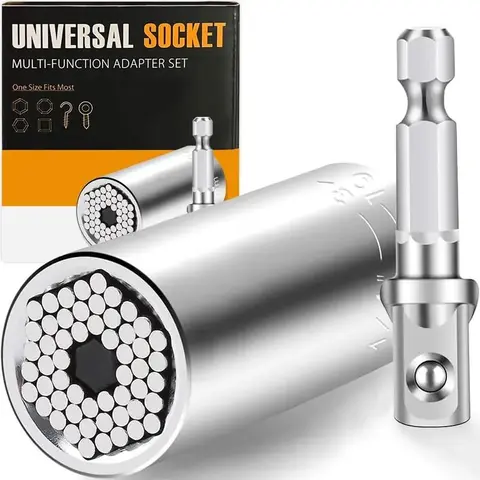 Steel Multi-Fit Universal Grip Socket Set with Power Drill Adapter - Hand Tools for Men and Women
