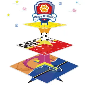 Cartoon Dog Cupcake Stand 3 Tier Cardboard Cake Stand Dessert Tower Holder for Girls Boys Paw Theme Birthday Party Supplies Baby Shower Decorations