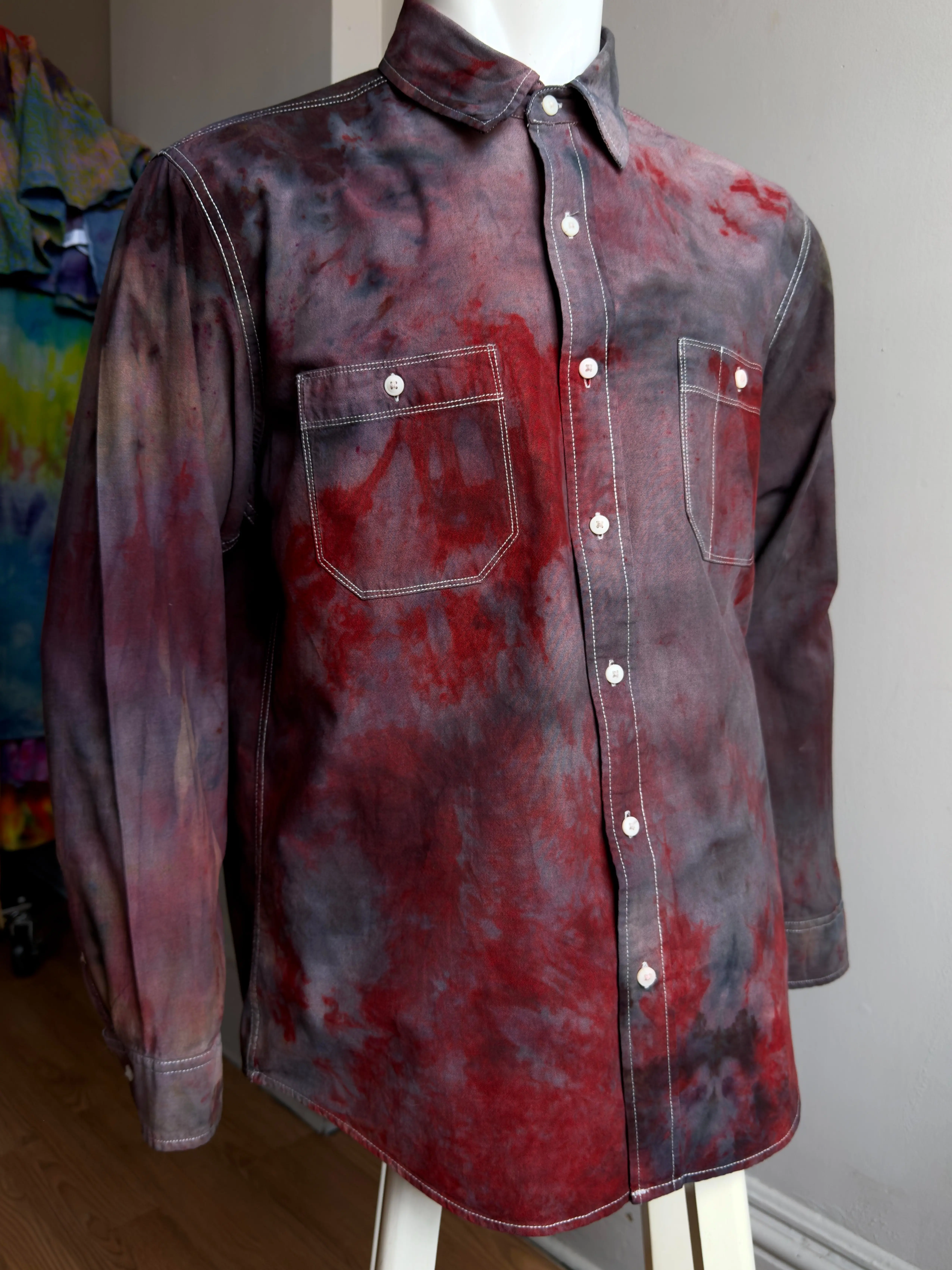 Men’s L Ember rainbow button up shirt long sleeve cotton Festival Top Menswear Casual