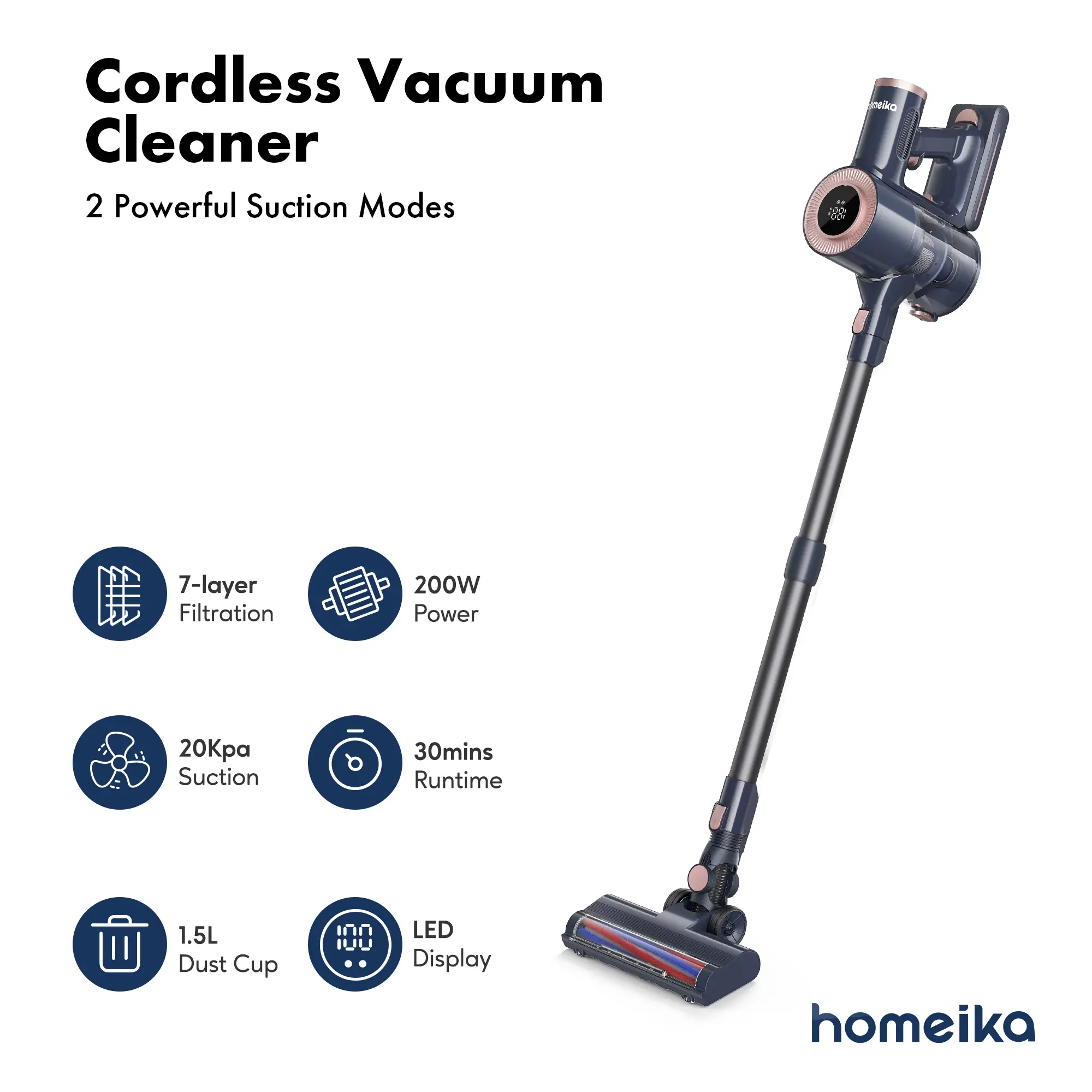 Homeika Cordless Vacuum Cleaner, 20Kpa Powerful Suction Pro Vacuum with LED Display, 8 in 1 Lightweight Stick Vacuum Cleaner with 30 Min Runtime Detac
