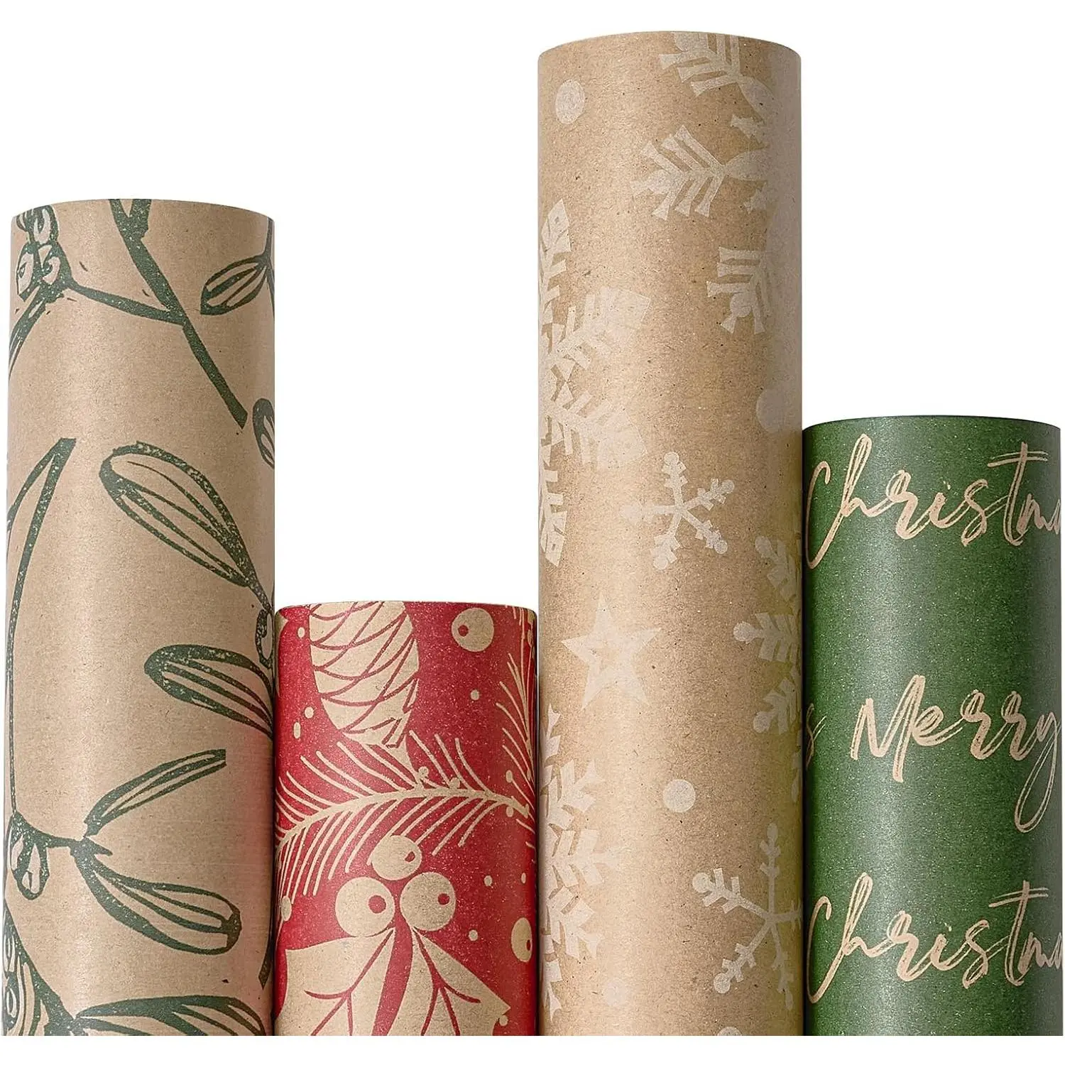 Vintage Recyclable Christmas Wrapping Paper Rolls, Brown  Wrapping Paper with Red and Green Pattern, Holiday Gift Wrapping Paper Christmas Rolls, 17 * 120 inch, 4 Rolls