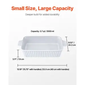 VEVOR Ceramic Baking Dish, Large 9x 13 Pan, Rectangular Bakeware with Double Handles, Oven Secure, Lasagna Pan, Casserole Dish Deep for Baking and Serving, Thanksgiving Christmas Present, White