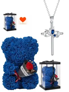Blue Diamond Cross Bloom Luxury sapphire clavicle necklace with cross pendant, butterfly and cross design.Comes with a preserved rose & teddy bear gift box, a charming mysterious gift for birthdays, Valentine's Day, Mother's Day and Christmas.